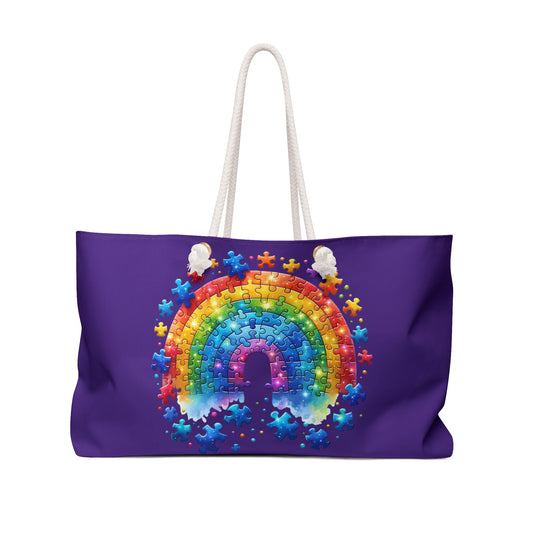 Show your support for Autism Awareness with our vibrant Puzzle Rainbow design, now available on our premium Weekender Bag! 