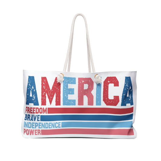 Carry a piece of American spirit with you wherever you go with our American Strong Inspiration Words Retro Vintage Weekender Bag