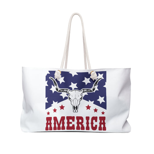 Embrace your rustic, western spirit with our Patriotic Bull Cow design, celebrating the essence of America. This Premium Weekender Bag is perfect for your next adventure, whether it's a weekend getaway or a road trip across the country. 